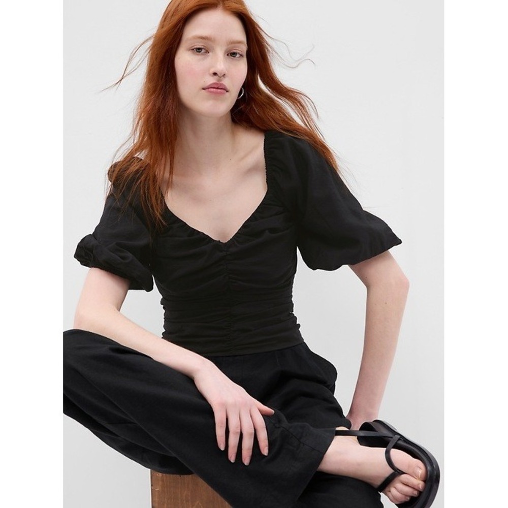 Gap Puff Sleeve Ruched Top Womens Medium Black Boho Stretch Fitted Cotton